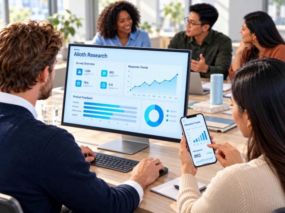 A team reviews customer feedback together using a survey results dashboard