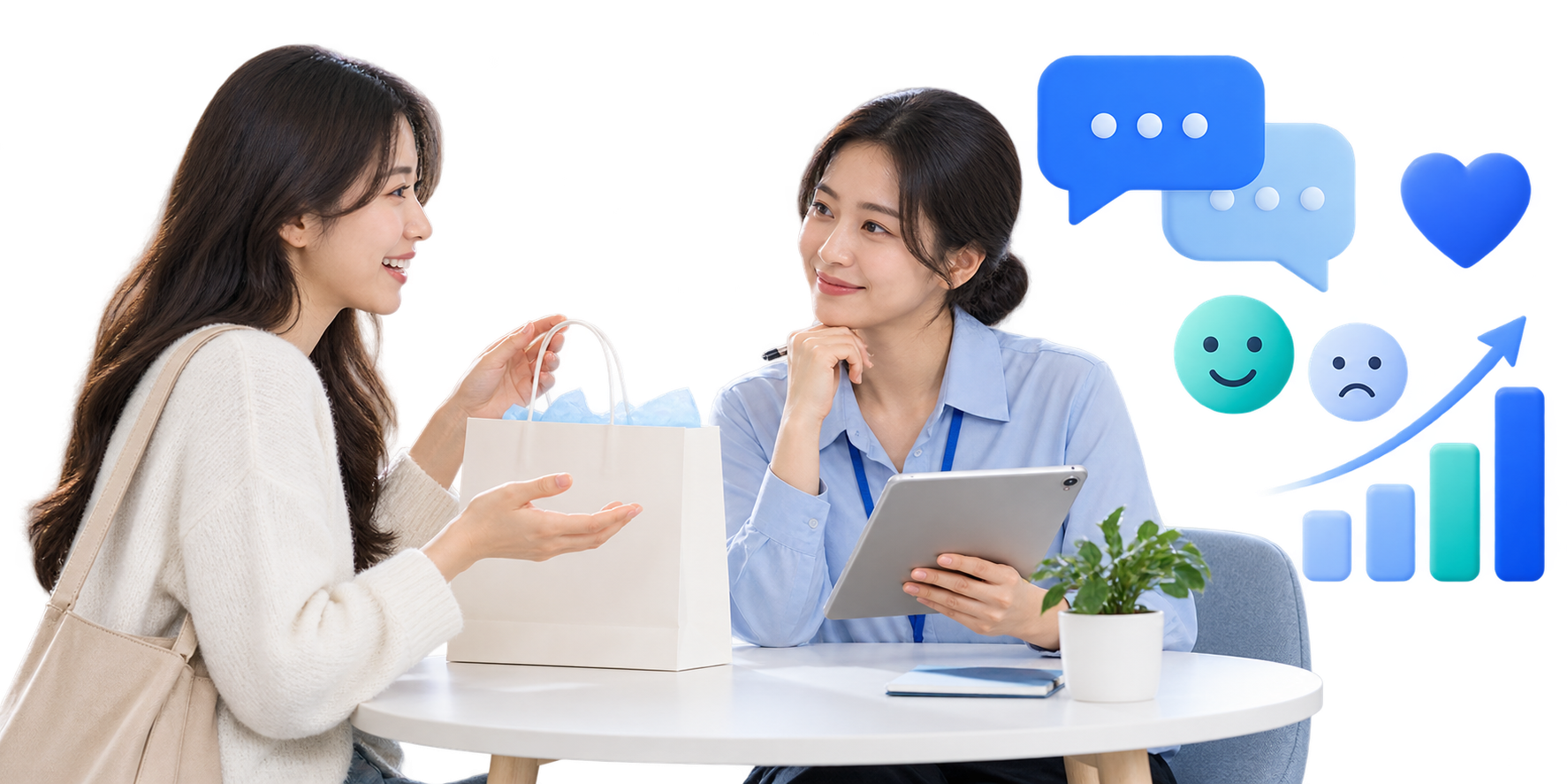 A customer conversation with speech bubbles, satisfaction faces and a trend chart illustrates customer satisfaction research