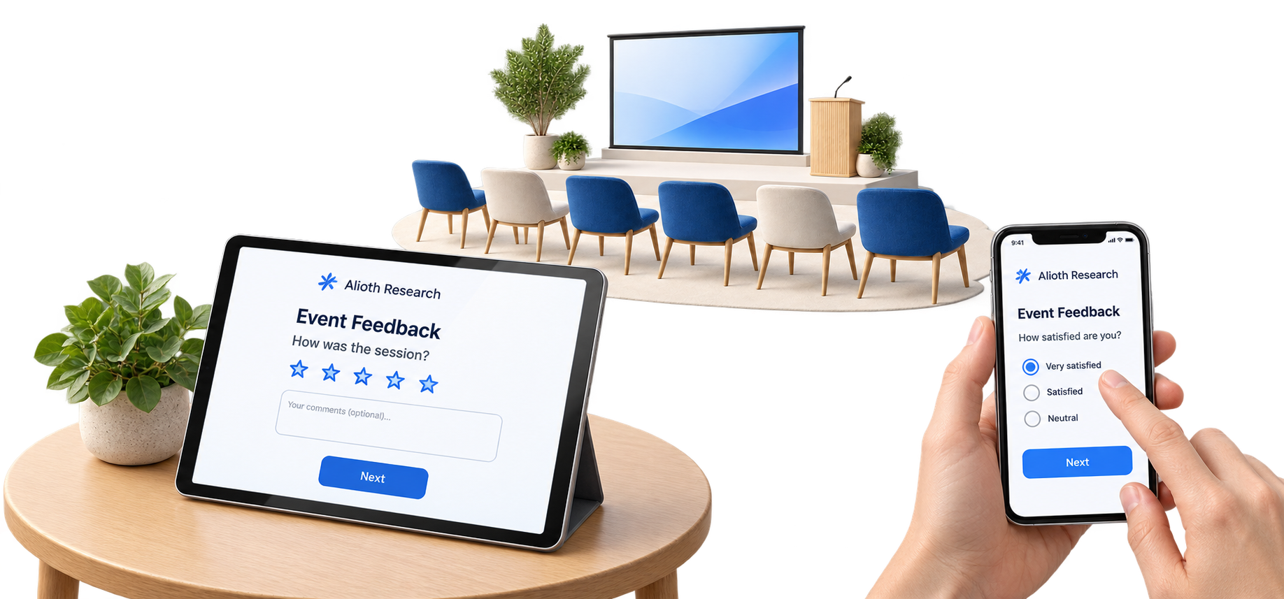 An event feedback survey displayed on a tablet and smartphone in front of an event venue