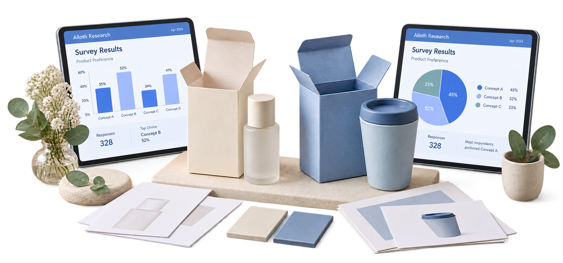 Survey bar and pie charts on tablets beside product samples help review feedback for product improvements