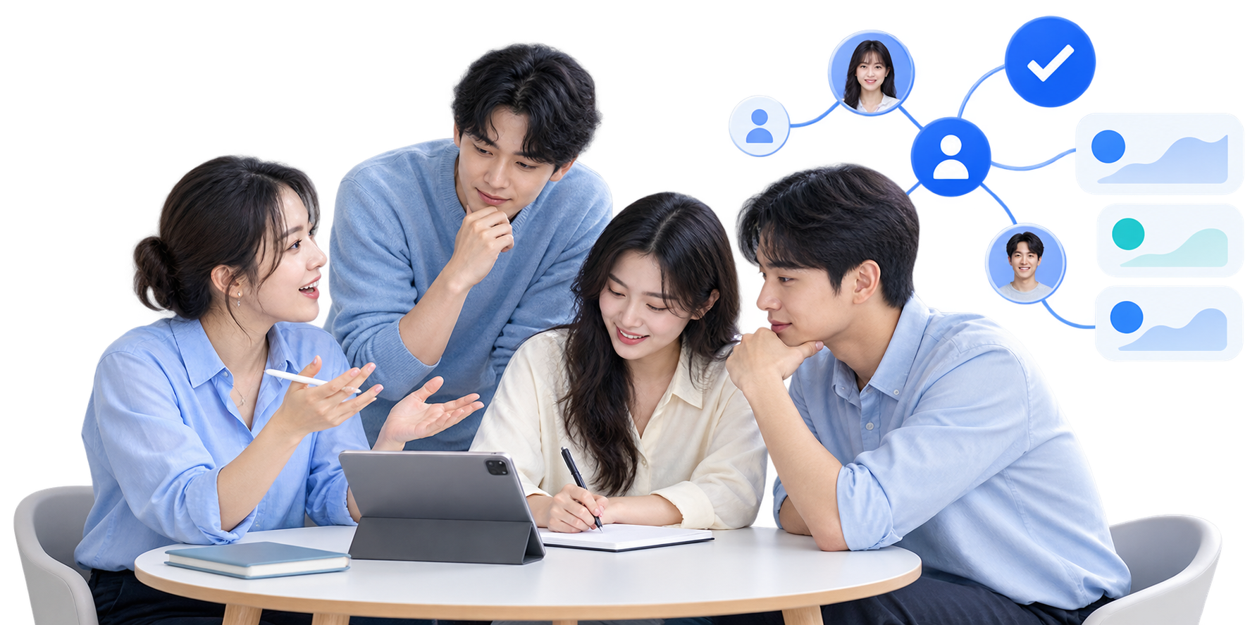 A team discusses research around a tablet, alongside symbols for members and progress